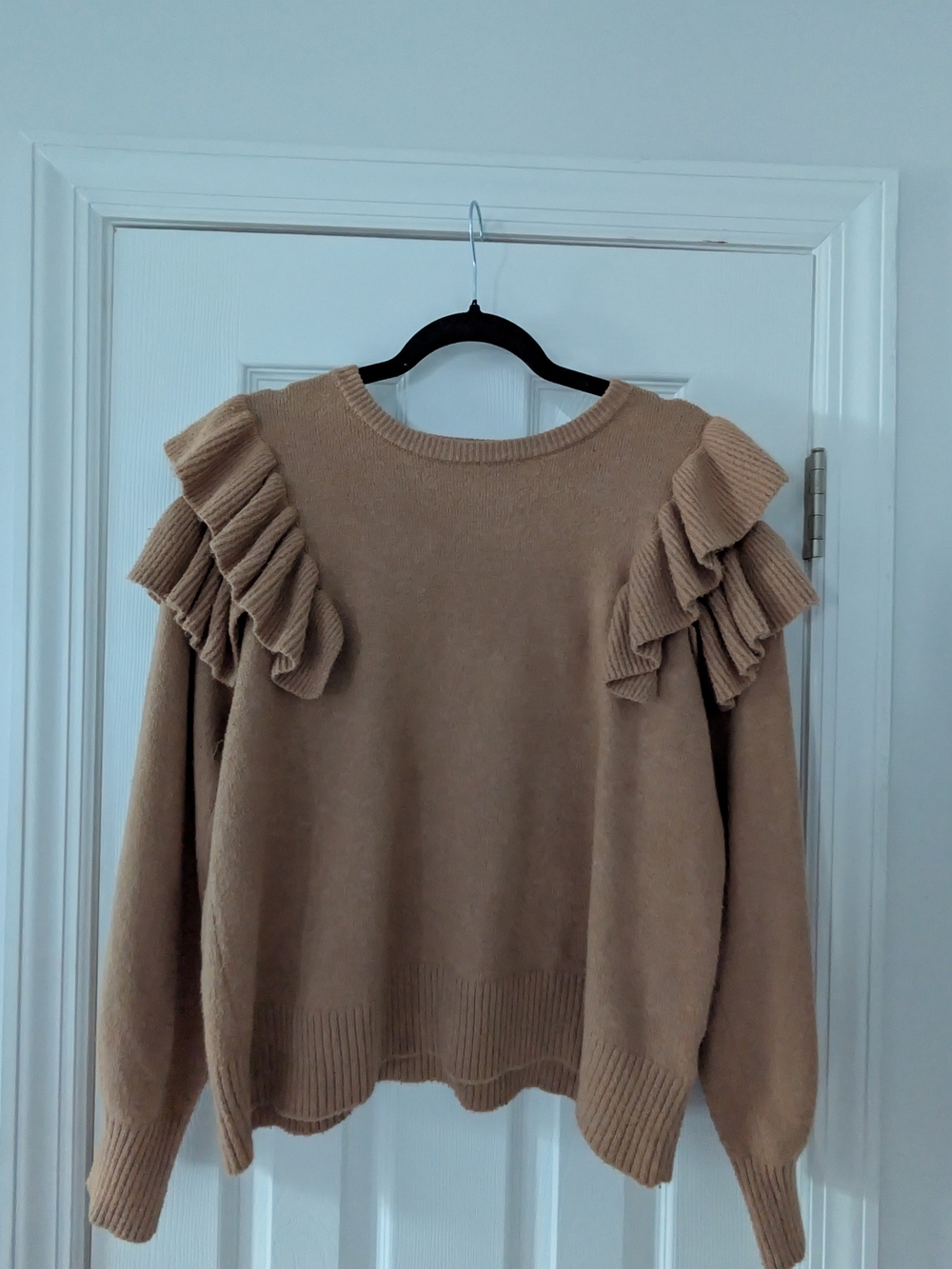 1. State Ruffle Shoulder Crew Sweater in Camel Nude Beige Medium